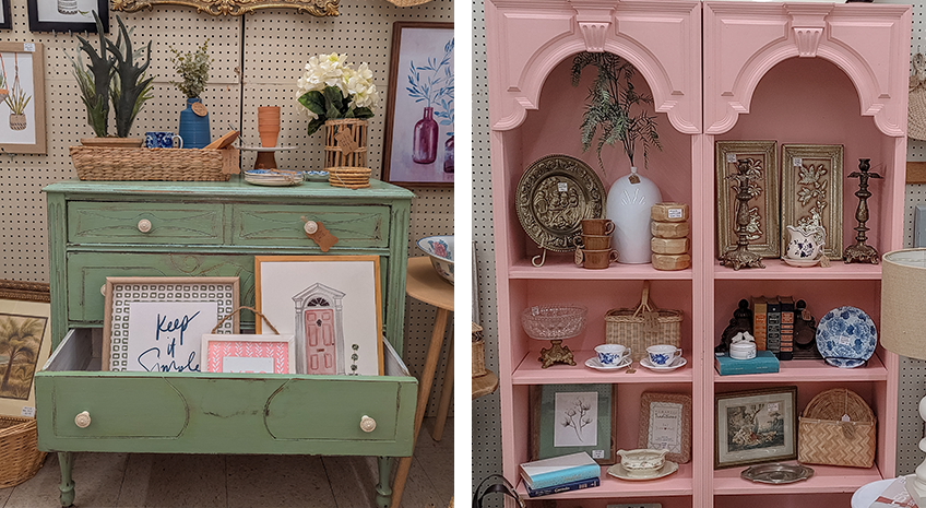 A green dresser and pink shelf in a room.